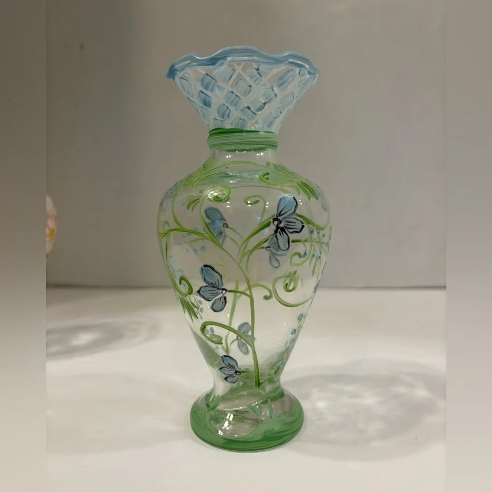 Vintage Tracy Porter boho hand painted floral design set of 2 glass bud vases
